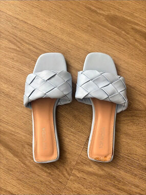Top Moda Woven Square-Toe Slide Sandals in Baby Blue